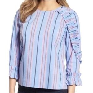 Halogen‎ Women's Blue Striped Ruffle Sleeve Blouse Top Size M Asymmetrical